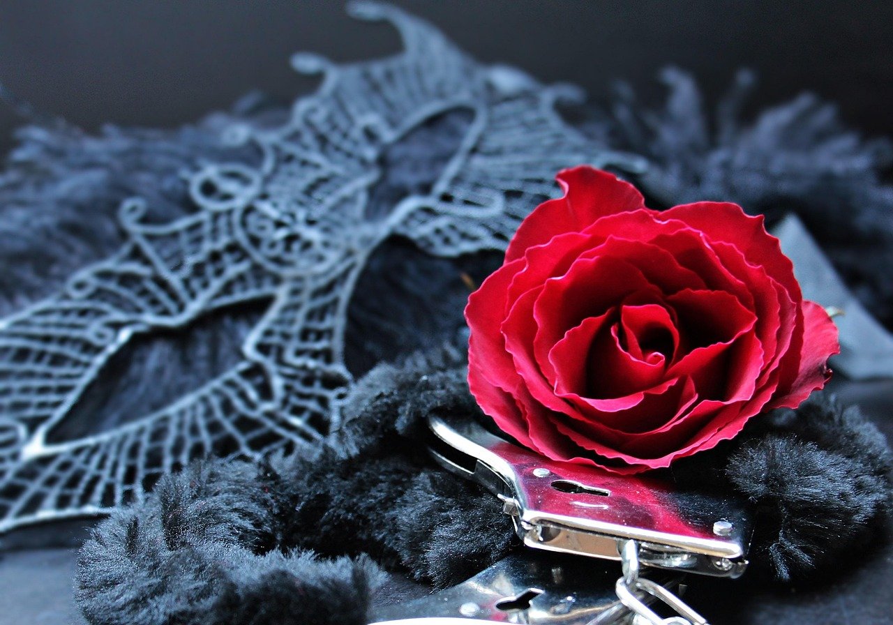 mask, handcuffs, rose, black mask, eroticism, seduction, invitation, rose flower, shackles, imagination